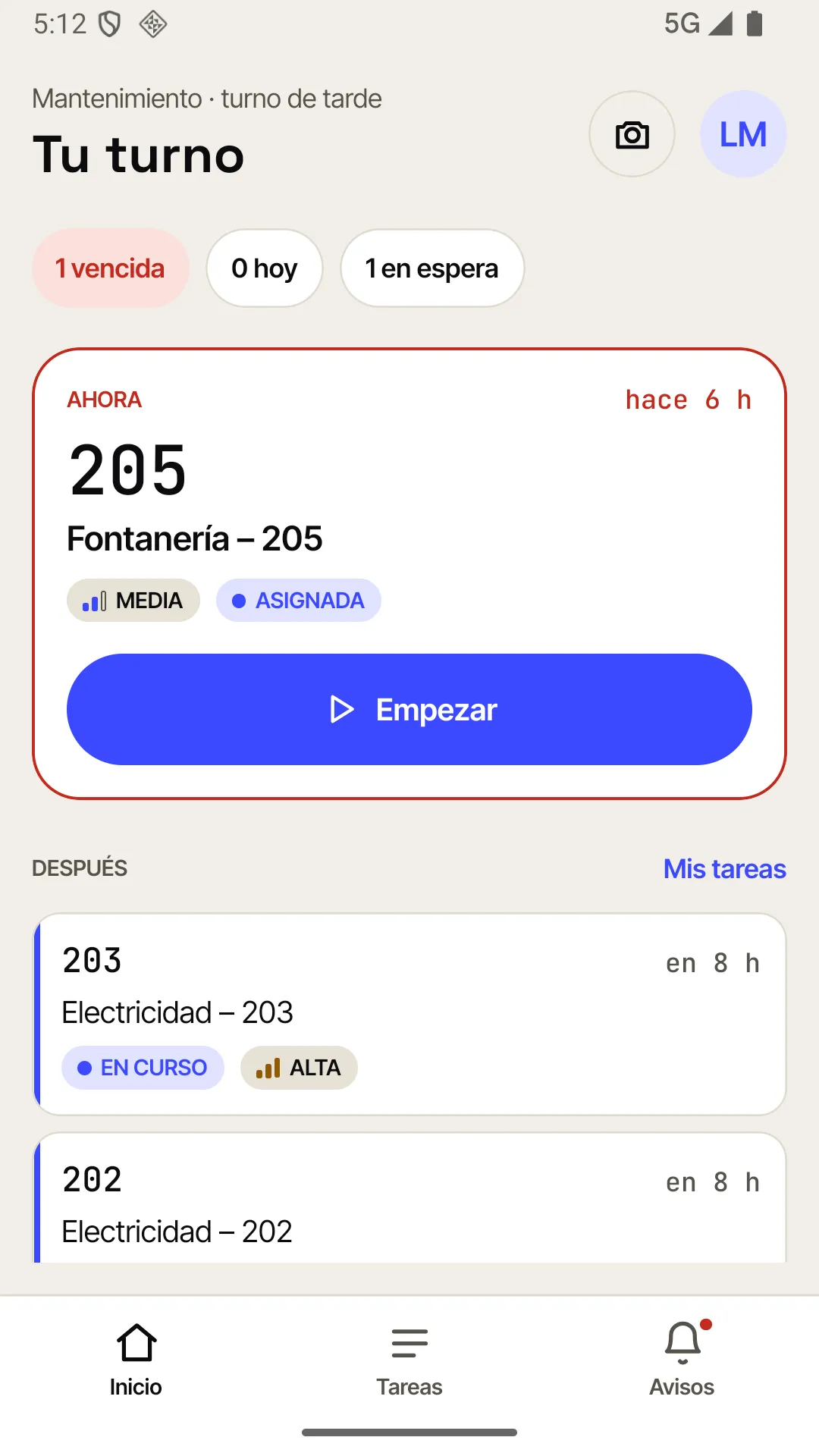 Inicio del técnico en Android: «Tu turno», los filtros y la tarjeta «Ahora» vencida