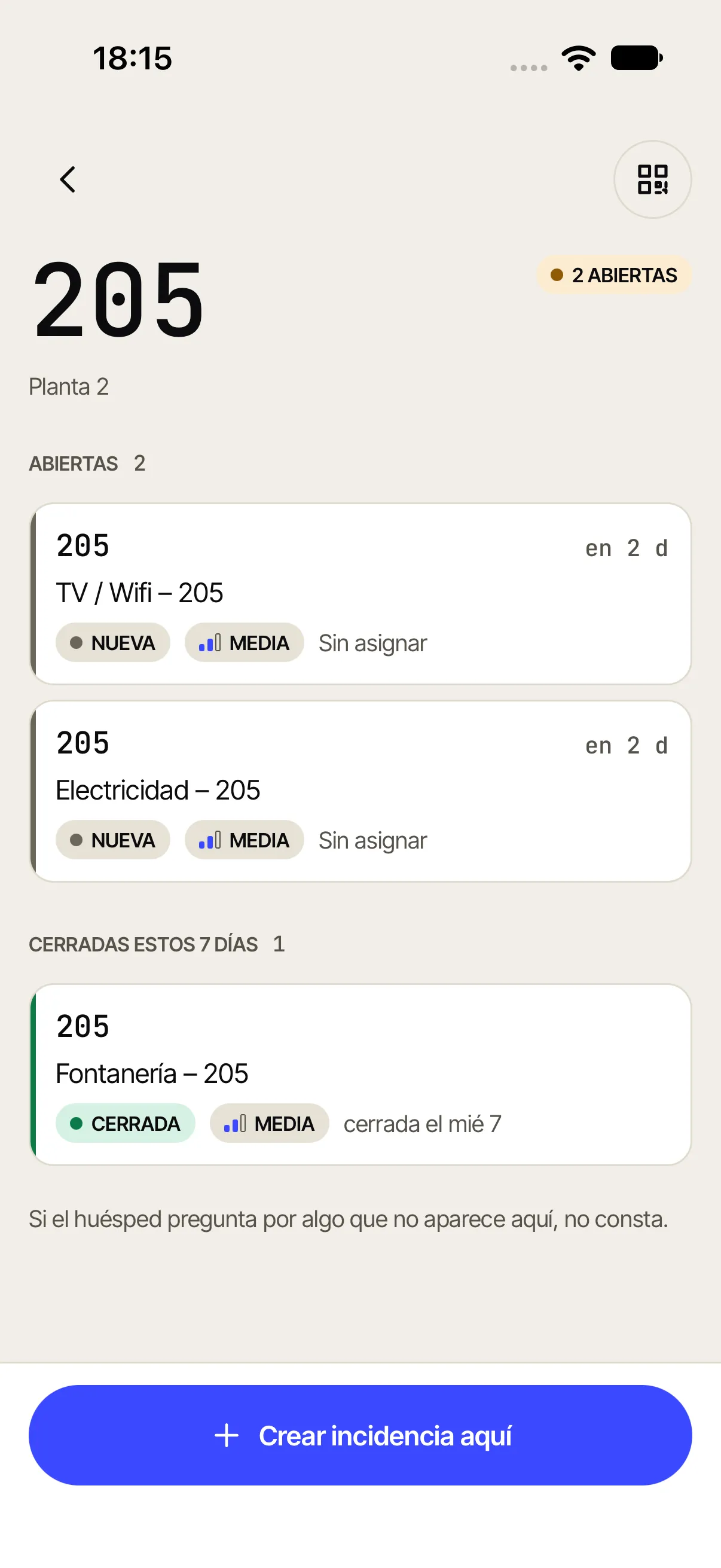 Recepción: la habitación 205 con sus incidencias abiertas y las cerradas
