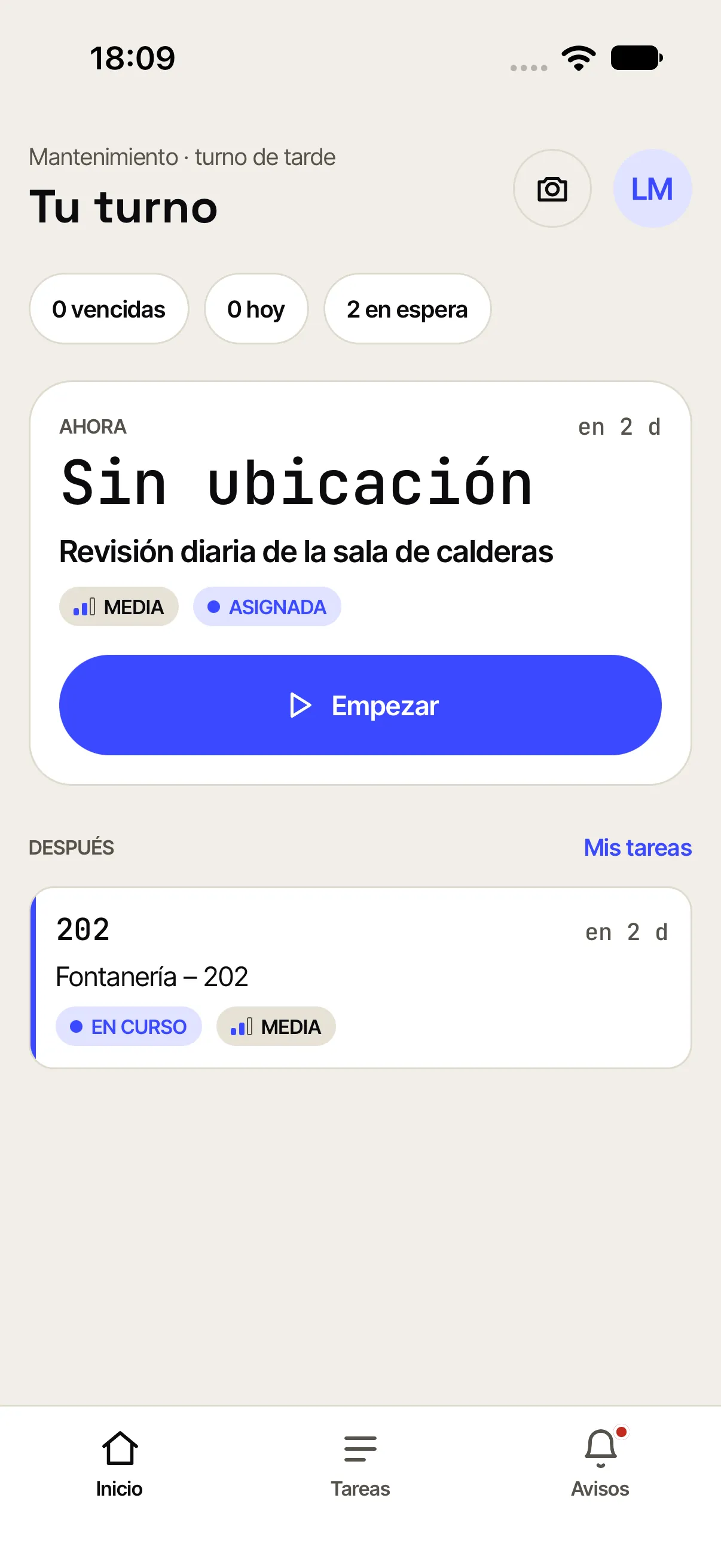 Inicio del técnico: tarjeta «Ahora» con la habitación, el plazo y el botón Empezar, y debajo lo siguiente